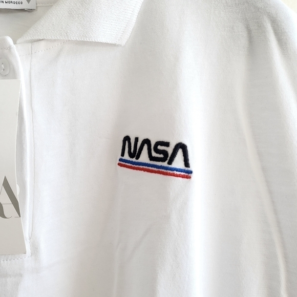 New Zara Embroidered "NASA" Short Sleeve White Polo Shirt NWT Size Large - Picture 9 of 14